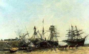尤金 佈丹 Portrieux, the Port at Low Tide, Unloading Fish 尤金 佈丹 Portrieux, the Port at Low Tide, Unloading Fish